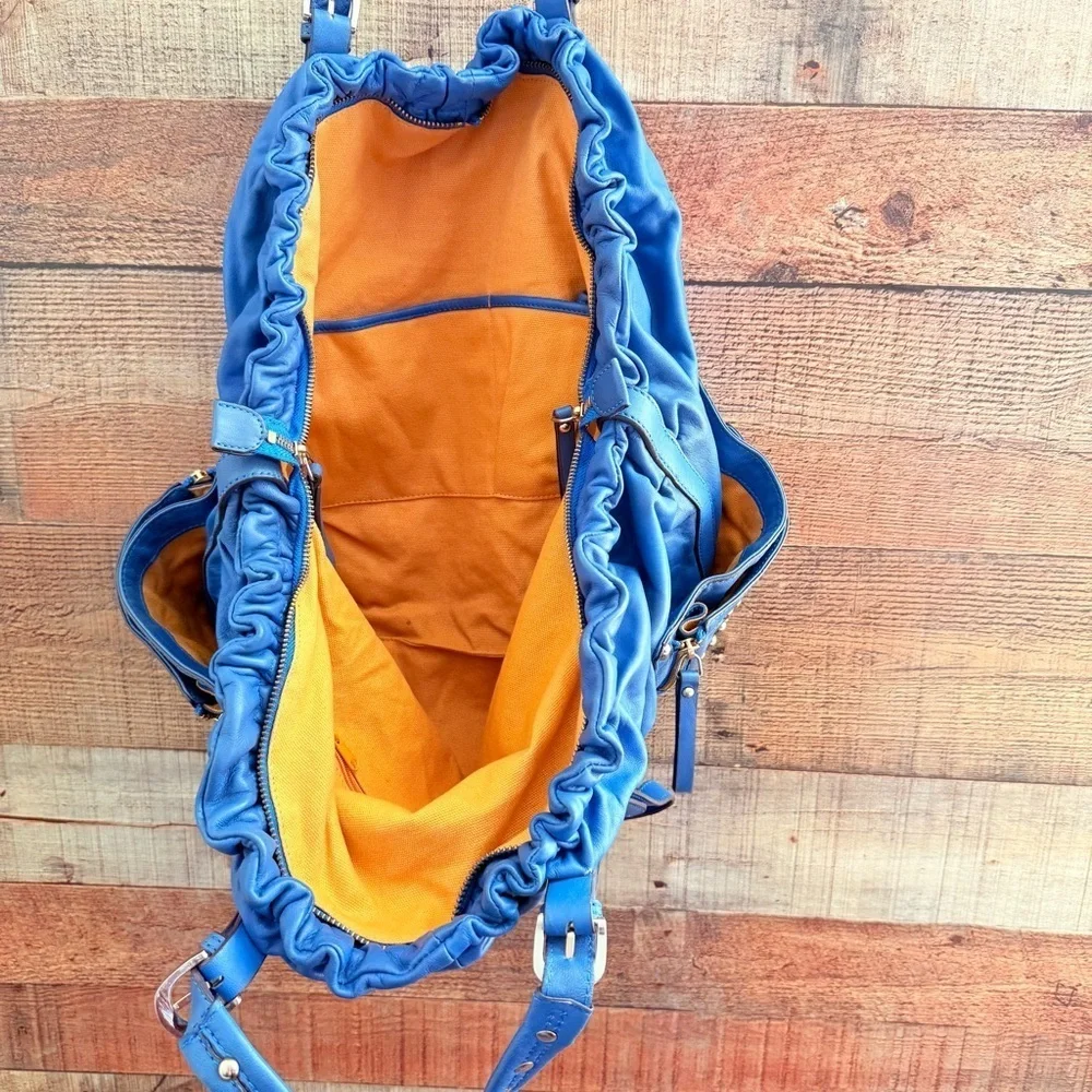 Vintage Hype Blue Leather Studded Oversized Hobo Shoulder Bag